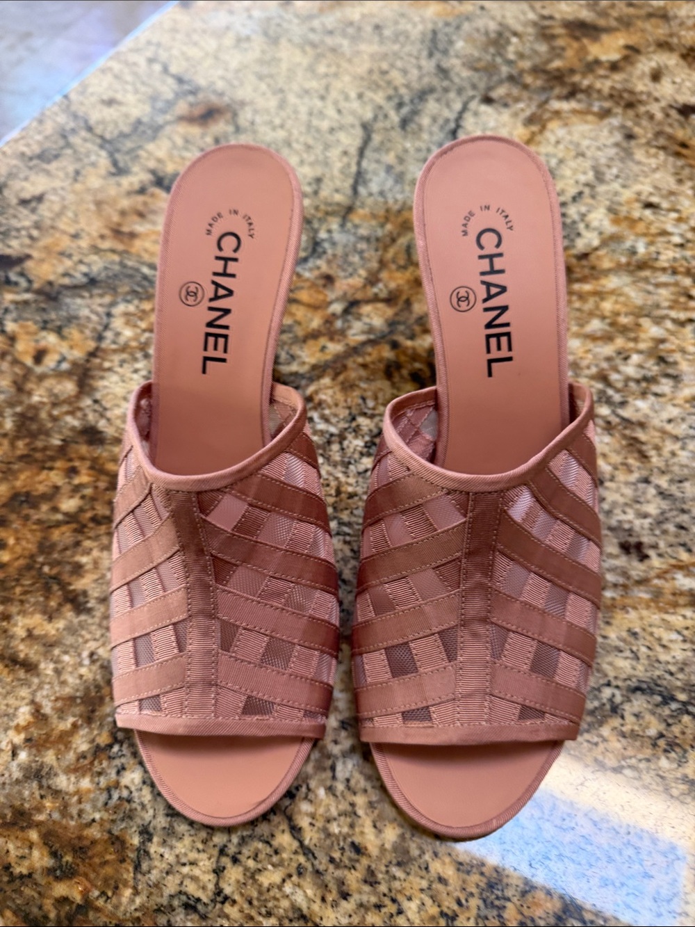 CHANEL Blush Pink Woven Slide Mules, NEW!